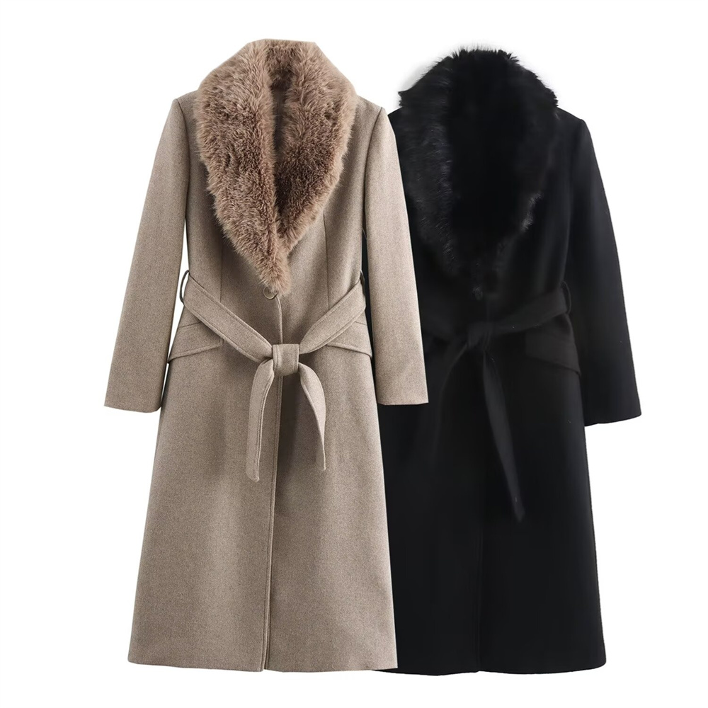 Wool Blend Coat - حزام المرأة الدافئة الفراء طوق معطف