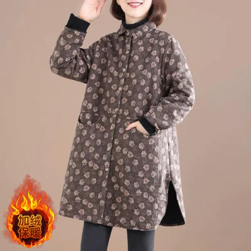 Winter Clothing Trends - معطف نسائي كلاسيكي بطبعة أزهار بصف